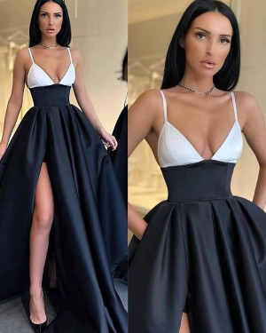 White & Black Spaghetti Straps Long Formal Dress with Side Slit PM2698