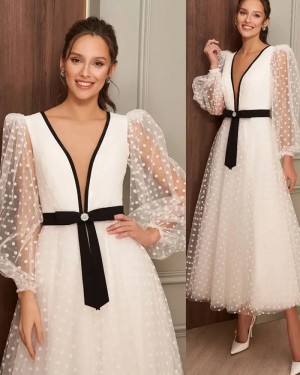 Polka Dot Deep V-Neck White Ankle Length Tulle Formal Dress With Long Sleeves  PM2726
