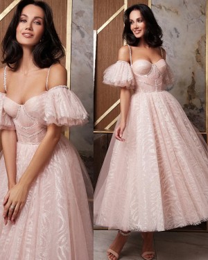 Pink Lace Ankle Length Cold Shoulder Formal Dress With Flowy Short Sleeves  PM2735
