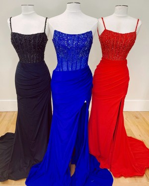 Beading Spaghetti Straps Bodice Black Formal Dress With Side Slit PM2753