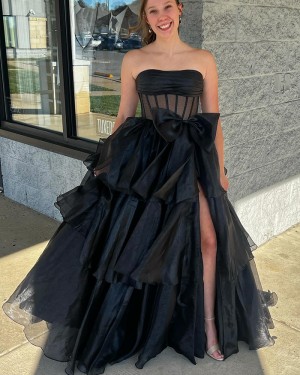 Black Ruched Strapless Layered Skirt Formal Dress With Side Slit & Bowknot PM2754