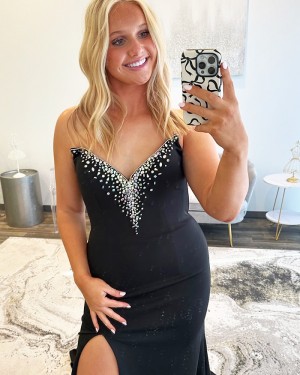 Beading Bodice V-neck Black Satin Long Formal Dress with Side Slit PM2766