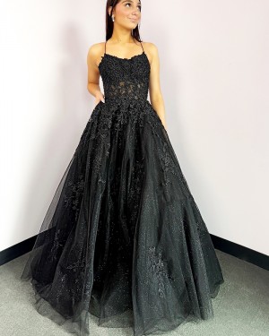 Black Lace Applique Spaghetti Straps Tulle Long Formal Dress PM2773