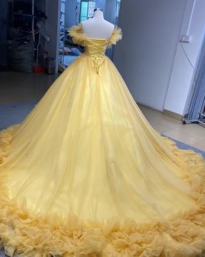 Yellow Tulle Ruffle Off the Shoulder Ball Gown Long Formal Dress PM2775