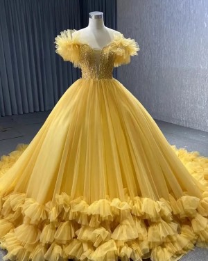 Yellow Tulle Ruffle Off the Shoulder Ball Gown Long Formal Dress PM2775