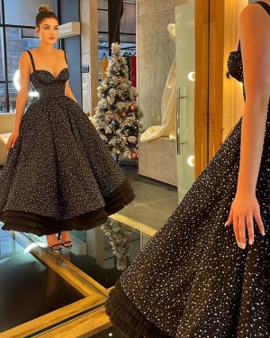 Square Neckline Sparkle Ankle Length Black A-line Long Formal Dress PM2782