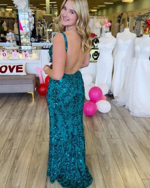 Green V-neck Sequin Lace Mermaid Formal Dress with Side Slit PM2786