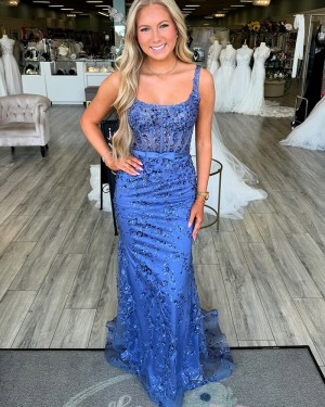 Blue Square Neckline Sequin Lace Mermaid Formal Dress PM2794