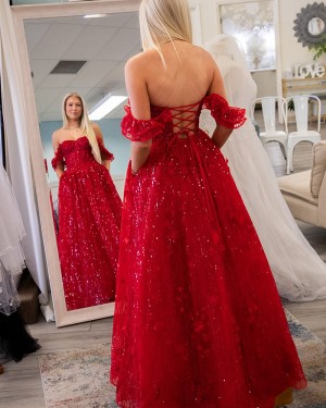 Red Off the Shoulder Applique Sequin A-line Formal Dress PM2808