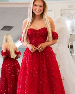 Red Off the Shoulder Applique Sequin A-line Formal Dress PM2808