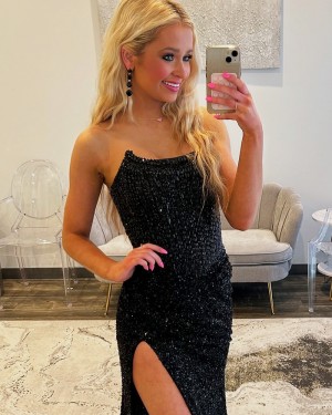 Sequin Strapless Black Mermaid Formal Dress with Side Slit PM2809