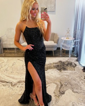 Sequin Strapless Black Mermaid Formal Dress with Side Slit PM2809