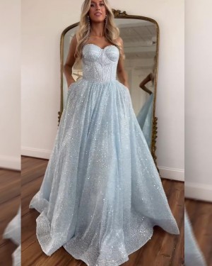 White Sweetheart Sparkle Sequin Empire Formal Dress with Pockets PM2813