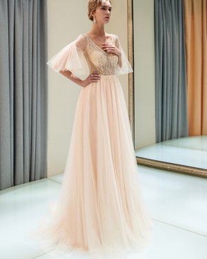 Beading Tulle V-neck Champagne Long Evening Dress with Short Bell Sleeves QD002