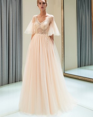 Beading Tulle V-neck Champagne Long Evening Dress with Short Bell Sleeves QD002
