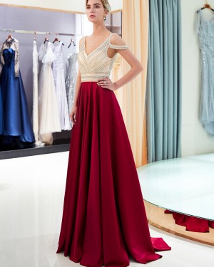 Gorgeous V-neck Cold Shoulder Beading Satin Evening Dress QD003