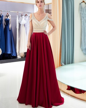 Gorgeous V-neck Cold Shoulder Beading Satin Evening Dress QD003