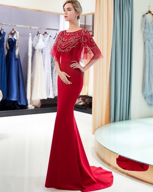 Elegant Red Beading Jewel Neck Mermaid Satin Evening Dress QD004