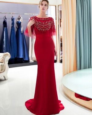 Elegant Red Beading Jewel Neck Mermaid Satin Evening Dress QD004