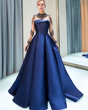 High Neck Beading Royal Blue Satin Evening Gown with Long Sleeves QD005