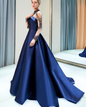 High Neck Beading Royal Blue Satin Evening Gown with Long Sleeves QD005