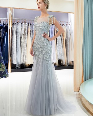 Jewel Beading Grey Mermaid Evening Dress with Cap Sleeves QD006