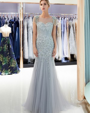 Jewel Beading Grey Mermaid Evening Dress with Cap Sleeves QD006