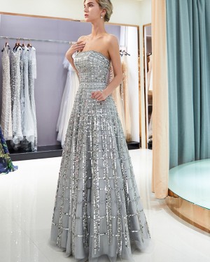 Metallic Strapless Beading Grey Pleated Evening Dress QD007