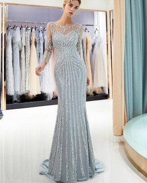 Sparkle Beading Jewel Neck Mermaid Grey Long Sleeve Evening Dress QD008