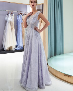 Scoop Neckline Lace Beading Sparkle Light Purple Evening Dress QD009