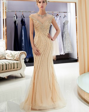 High Neck Gold Beading Mermaid Evening Dress QD010