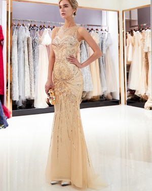 Tulle Jewel Gold Beading Sparkle Mermaid Evening Dress QD011