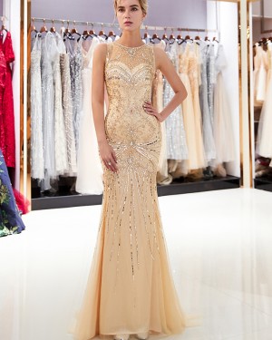 Tulle Jewel Gold Beading Sparkle Mermaid Evening Dress QD011