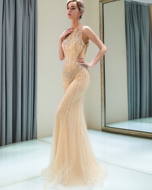 Gold Beading Tulle Mermaid Evening Dress QD014