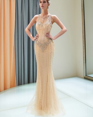 Gold Beading Tulle Mermaid Evening Dress QD014