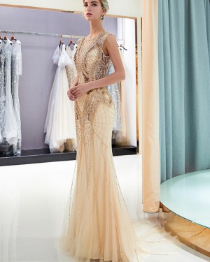 Gold Sequin and Beading Mermaid Evening Dress QD015