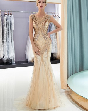 Gold Sequin and Beading Mermaid Evening Dress QD015
