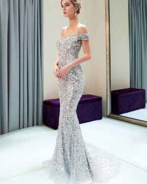 Sparkle Beading Silver Mermaid Evening Dress QD016