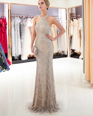 High Neck Sparkle Beige Beading Mermaid Evening Dress QD017