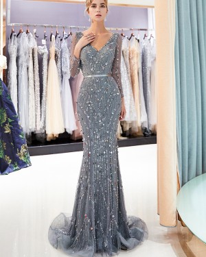 Beading Mermaid V-neck Sparkle Evening Dress with Long Sleeves QD019