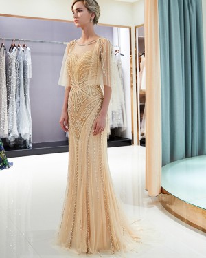 Gold Geometric Pattern Beading Evening Dress with Flowing Sleeves QD020