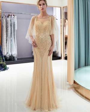 Gold Geometric Pattern Beading Evening Dress with Flowing Sleeves QD020