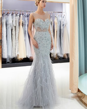 Sparkle Sheer Neck Grey Beading Mermaid Evening Dress QD022