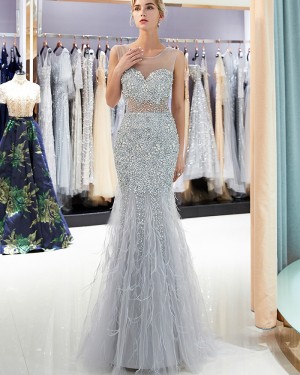 Sparkle Sheer Neck Grey Beading Mermaid Evening Dress QD022