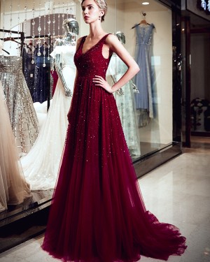 Sparkle Beading V-neck Burgundy Pleated Evening Dress QD023