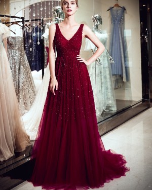 Sparkle Beading V-neck Burgundy Pleated Evening Dress QD023