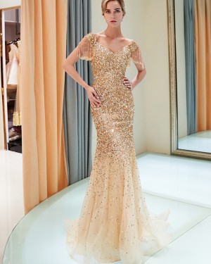 Beading Mermaid Gold V-neck Sparkle Evening Dress with Tassels Sleeves QD024