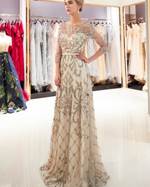 Champagne Floral Beading Jewel Neck Evening Dress with 3/4 Length Sleeves QD025