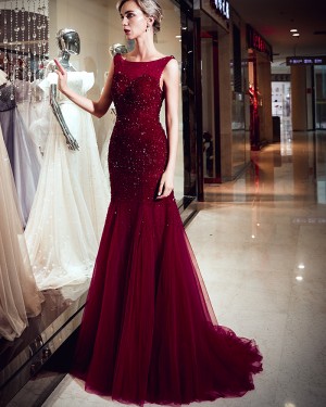 Bateau Burgundy Beading Mermaid Pleated Evening Dress QD026D