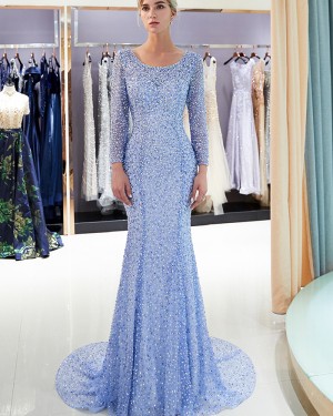 Bling Beading Scoop Blue Mermaid Evening Dress with Long Sleeves QD026